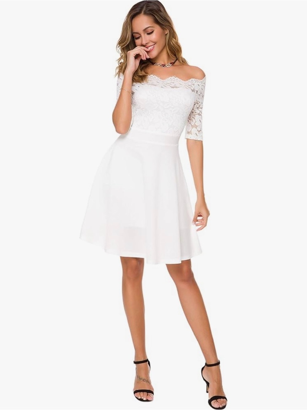 Atnlewhi Lace Off Shoulder White Puffy Swing Mini Dress Fit Flare Size Large NWT